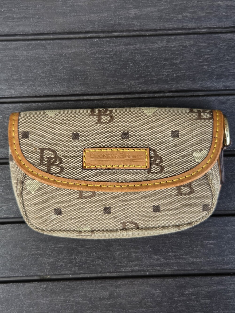 Dooney & Bourke Vintage Signature Canvas Mini Flap Wristlet Pouch Tan Brown